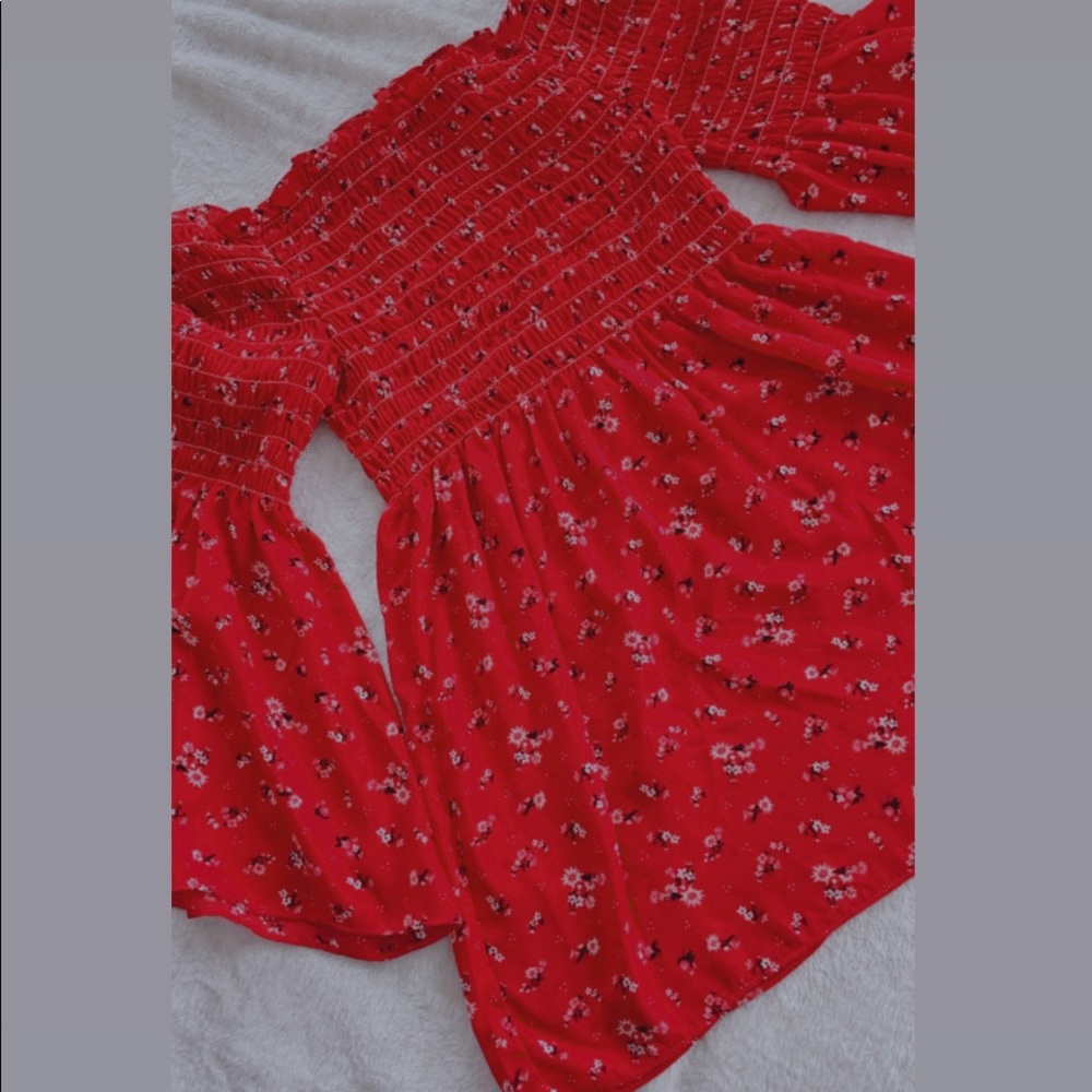 Max Studio Off Shoulder Boho Blouse Red Floral